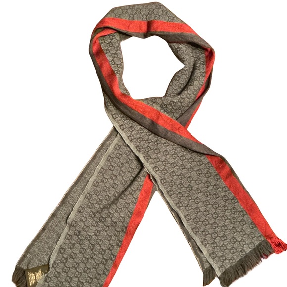 Gucci Other - 🧣 Gucci GG Monogram Wool & Silk Scarf – Gray with Red & Navy Blue Stripe